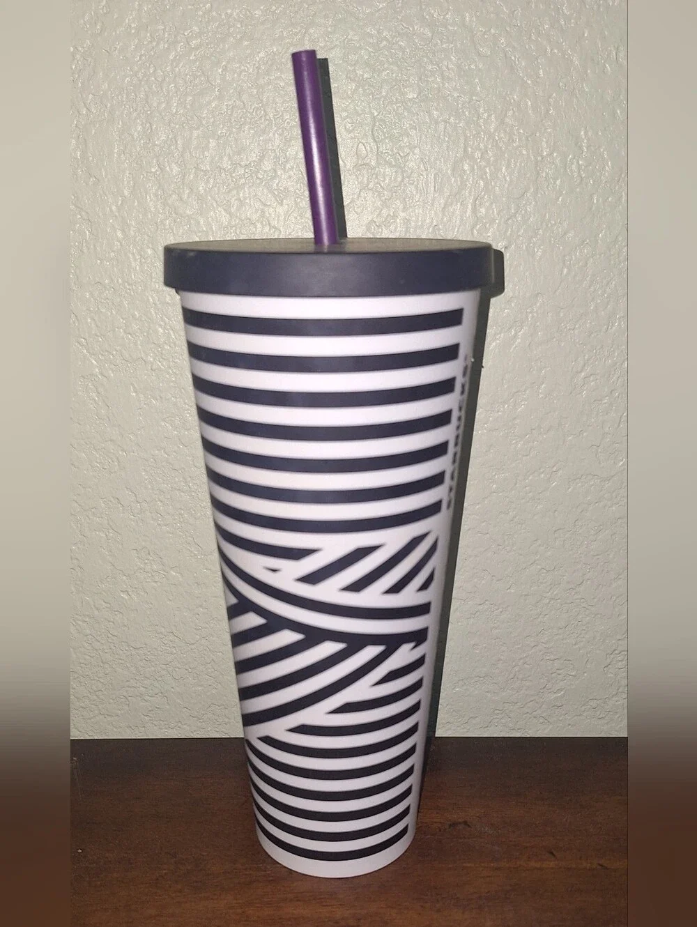 Starbucks Black & White Striped Tumbler with Purple Straw